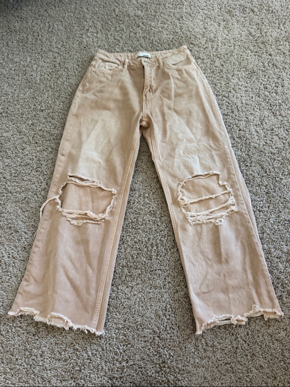 Vervet Beige Distressed Wide-Leg Jeans - Women